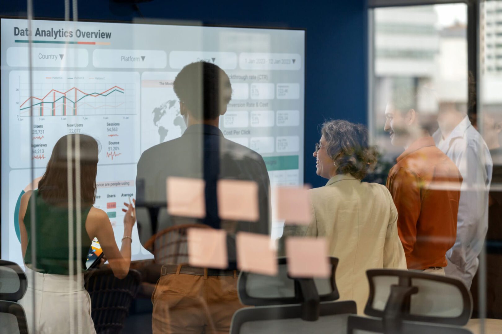 Team analyzing data on large screen